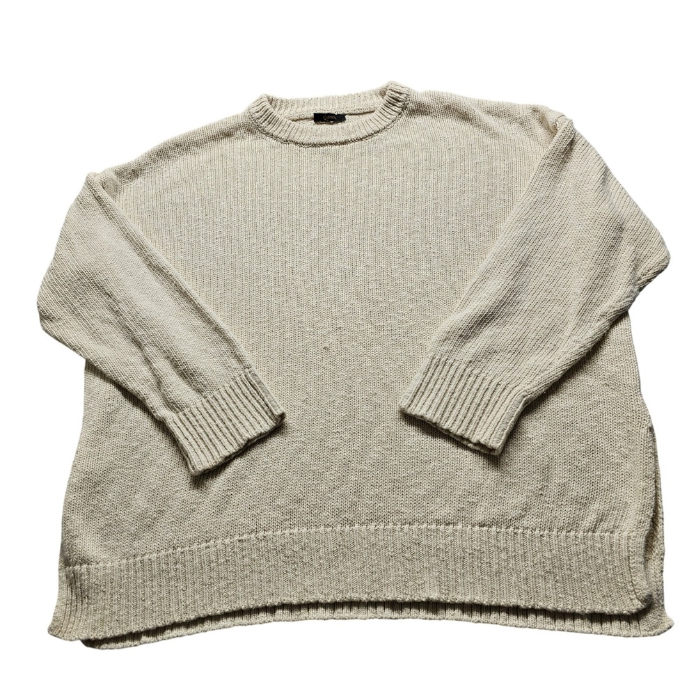 Quince Oversized Crewneck Sweater Womens Cream Chunky Knit Side Slit Cotton